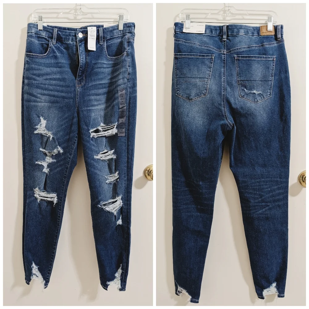 SOLD NWT American Eagle Dream Jeans Curvy Super Hi-Rise Ripped Distressed sz 12 - Picture 3 of 8